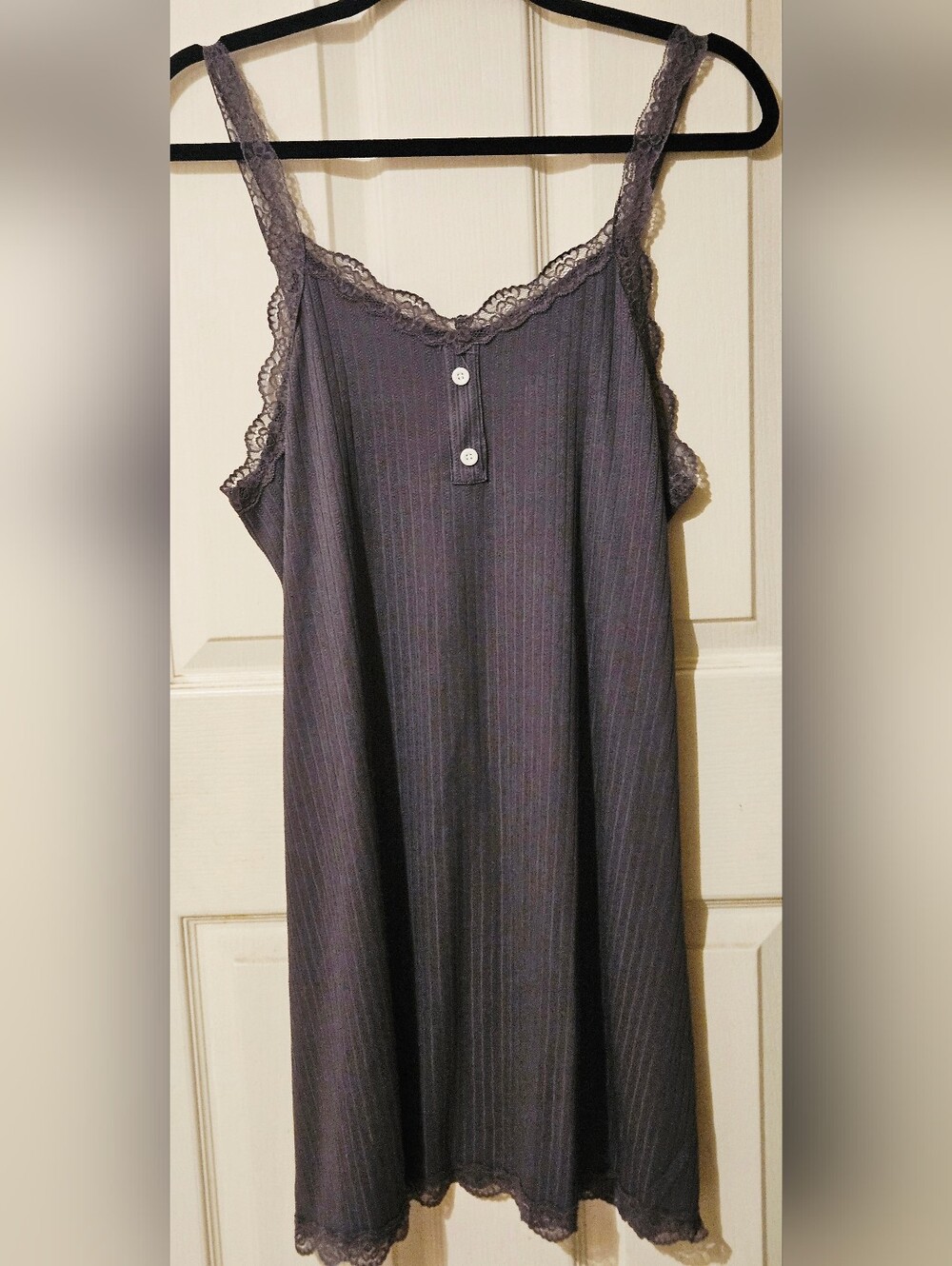 Lace-Trim Grey Ribbed Nightgown